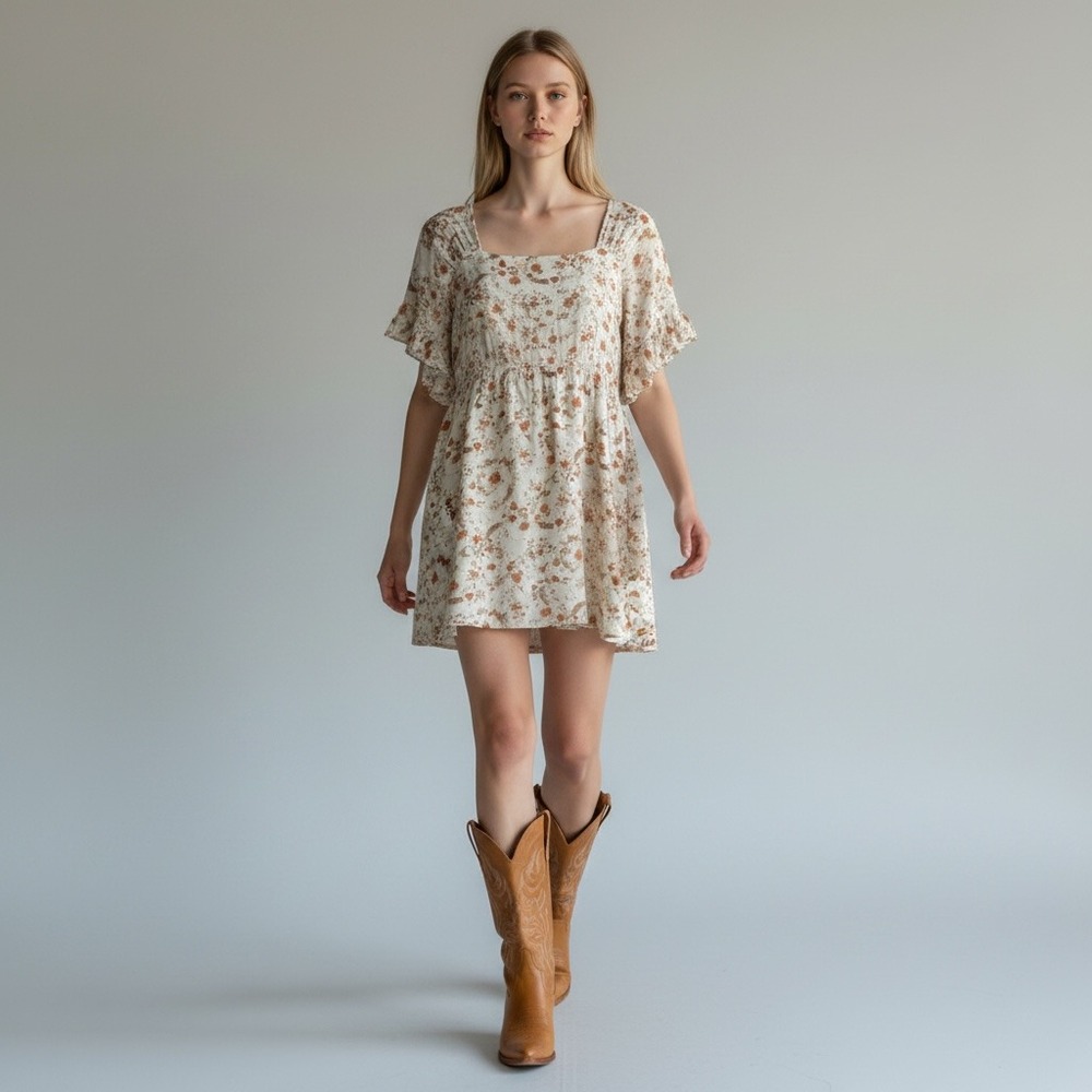 Promesa New Boho Coachella Fest Cottagecore Fairy Mini Dress M Ivory Rust Floral